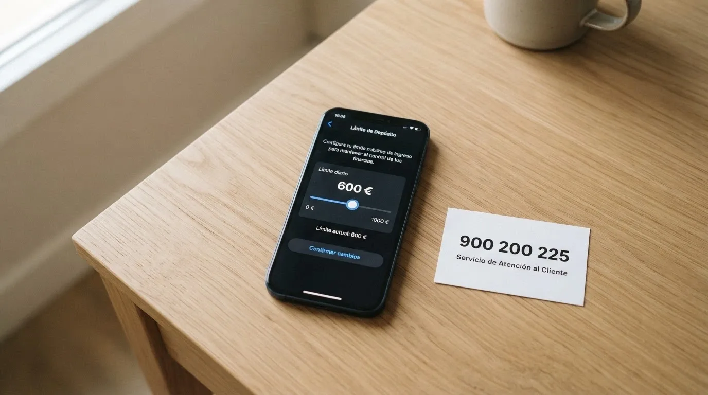 Teléfono móvil con la pantalla de ajustes de límites de depósito de un casino, junto a una tarjeta con el número 900 200 225 y el logotipo de FEJAR