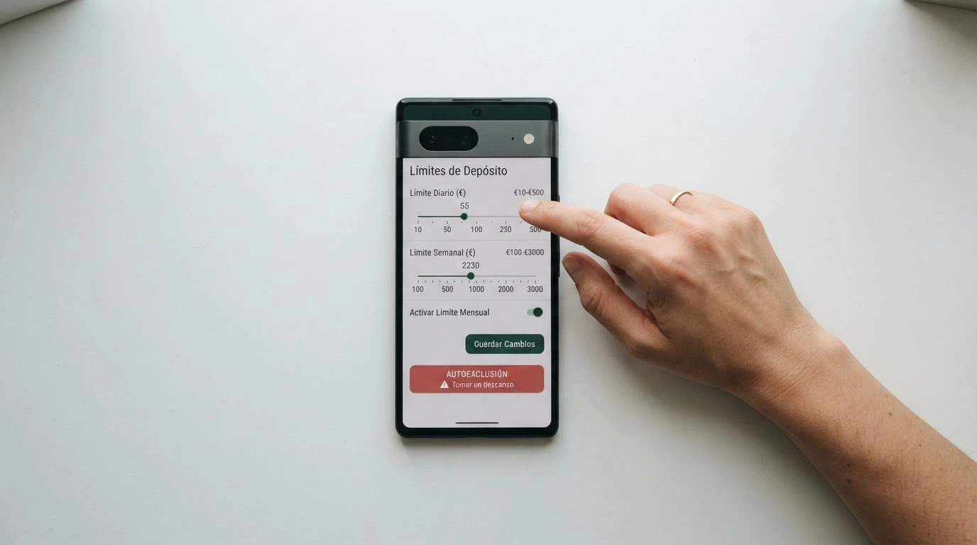 Panel de configuración de límites de depósito y autoexclusión en un casino online español, con los controles de juego responsable visibles