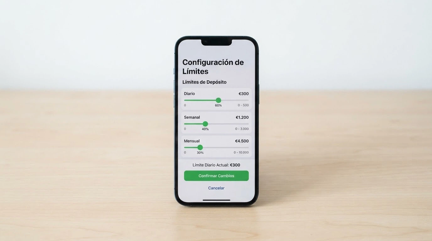 Pantalla de configuración de límites de depósito en un casino online español, con los controles deslizantes de límite diario, semanal y mensual visibles
