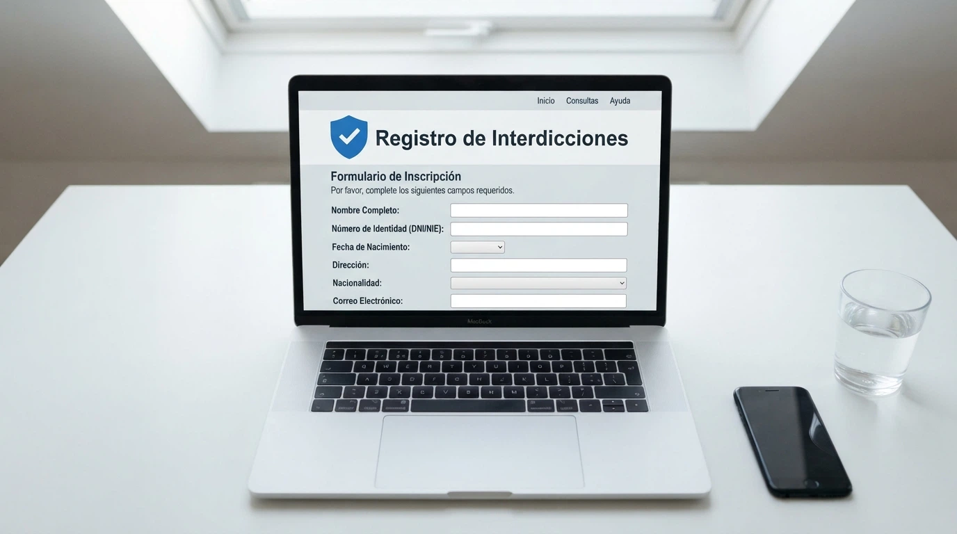 Pantalla de ordenador mostrando el formulario de inscripción al RGIAJ con el escudo de la DGOJ visible