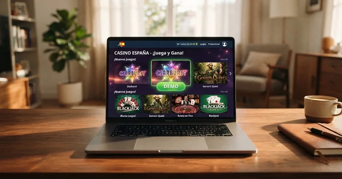 Interfaz de un casino online español con el botón de modo demo visible junto a una selección de tragaperras populares