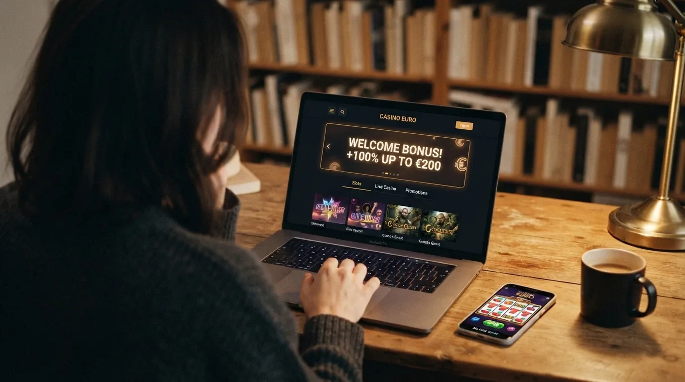 Jugador consultando las condiciones de un bono en la pantalla de un casino online antes de depositar
