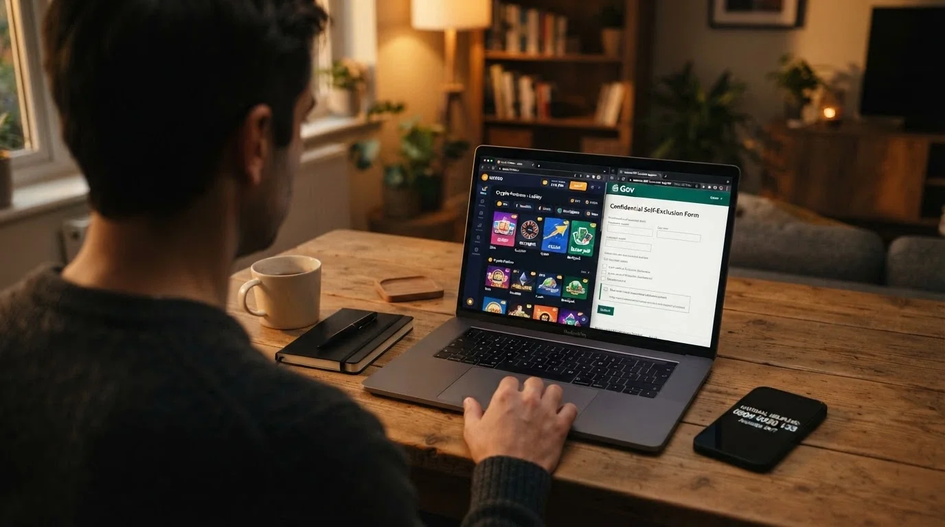 Un jugador sentado frente al portátil con dos pestañas abiertas: un casino crypto sin KYC a la izquierda y la página del RGIAJ (sede.ordenacionjuego.gob.es) a la derecha, con el teléfono mostrando el número 900 200 225 de FEJAR