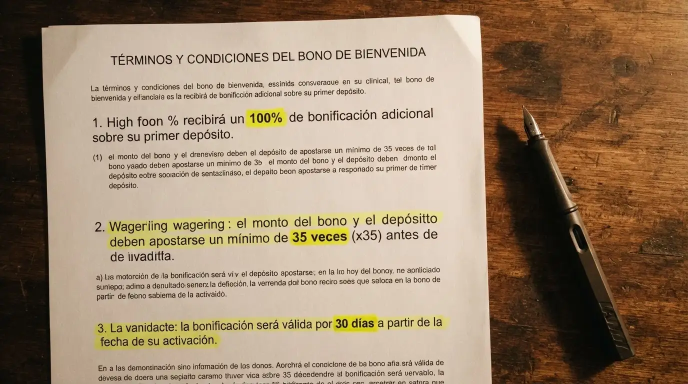 Primer plano de los términos y condiciones de un bono de bienvenida con el porcentaje, el requisito de apuesta y el plazo de validez subrayados