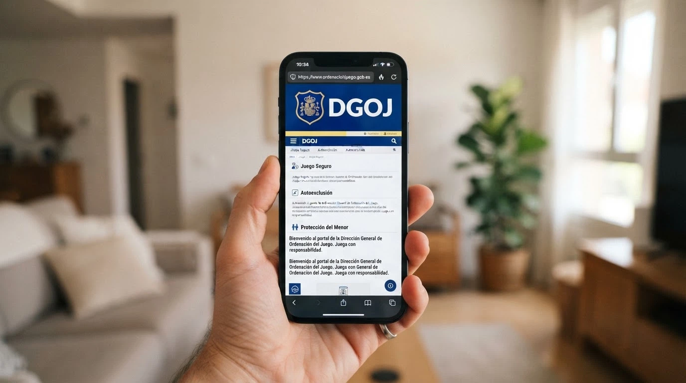 Pantalla de móvil mostrando el sello de la DGOJ y el dominio .es en la barra de direcciones de un casino online
