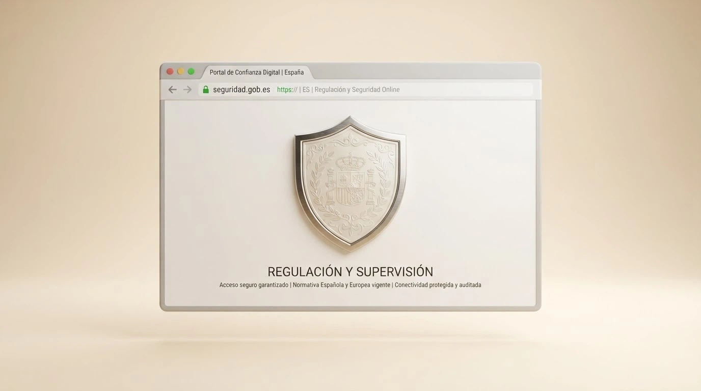 Sello de la DGOJ junto al dominio .es de un casino online y el candado de seguridad en la barra del navegador