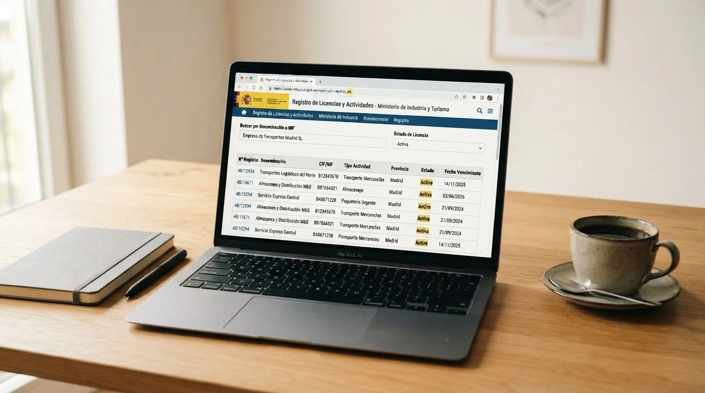 Pantalla de ordenador mostrando el registro público de operadores de la DGOJ en ordenacionjuego.es, con un dominio «.es» resaltado en la barra de direcciones