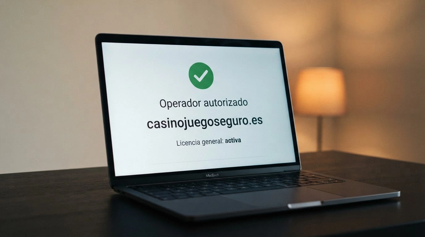 El sello de la DGOJ junto al dominio .es en la pantalla de un casino online español, con el texto «operador autorizado» visible