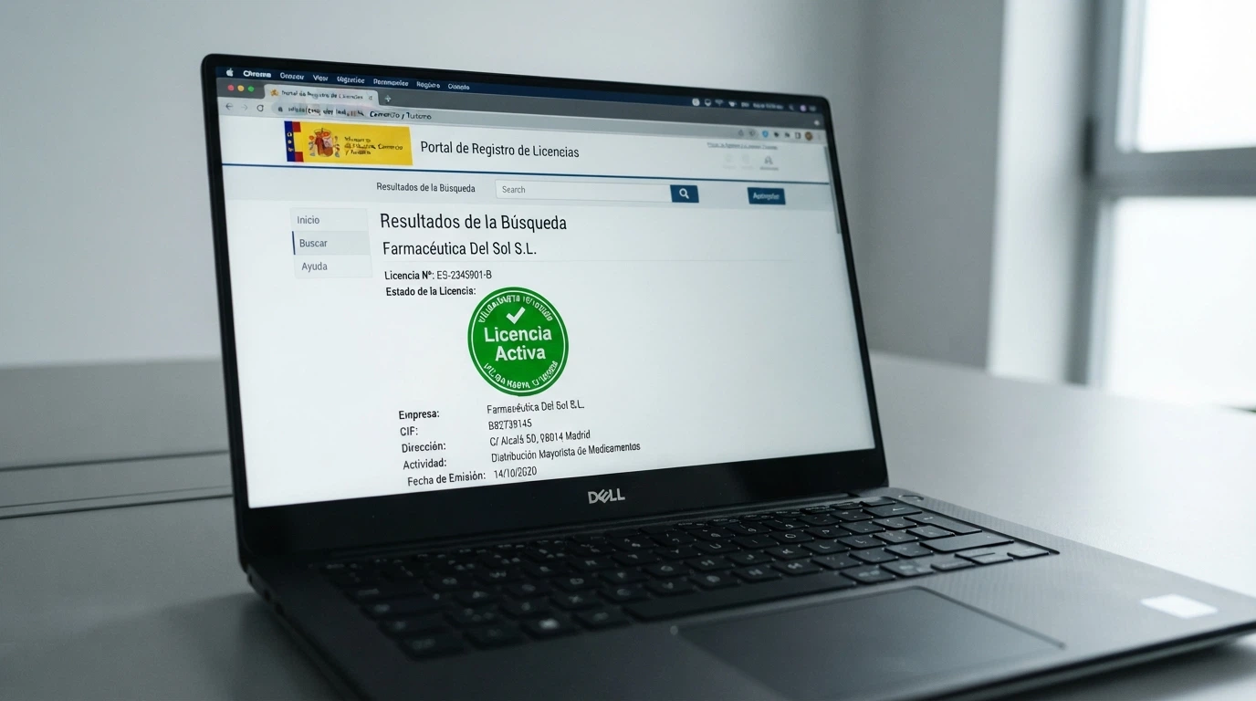 Primer plano de la pantalla de un ordenador mostrando el buscador de operadores de ordenacionjuego.es con el resultado de una licencia activa