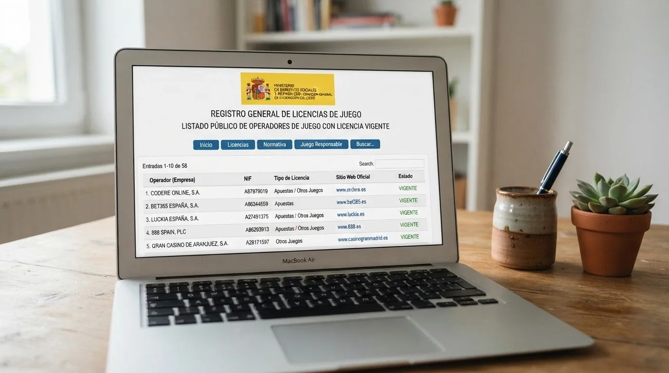 Pantalla de ordenador mostrando el sitio web ordenacionjuego.es con el escudo de la DGOJ y la lista de operadores autorizados
