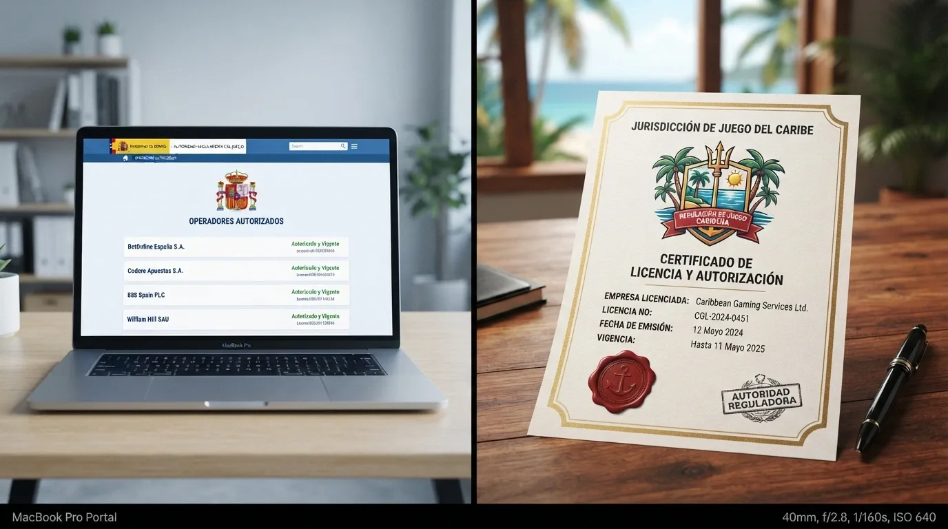 Pantalla dividida: a la izquierda el portal de la DGOJ con el listado de operadores autorizados .es; a la derecha el sello de una licencia de Curaçao eGaming