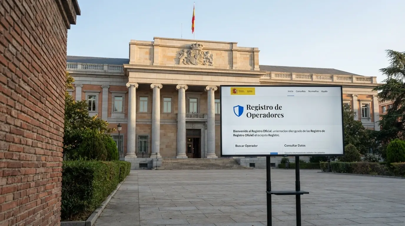 Fachada de un edificio institucional español junto a una pantalla con el logo de la DGOJ y el texto «ordenacionjuego.es», contrastado con logotipos de licencias offshore