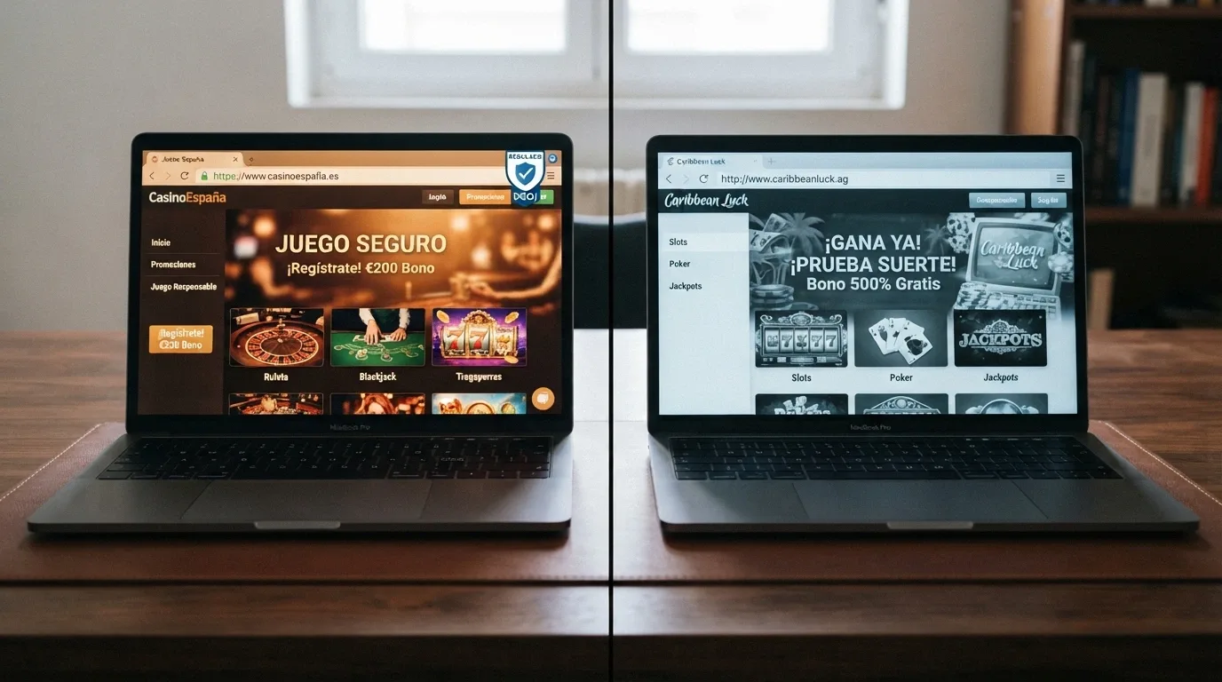 Comparativa visual entre un casino con dominio .es y los distintivos de la DGOJ frente a un casino con licencia de Curaçao sin distintivo español