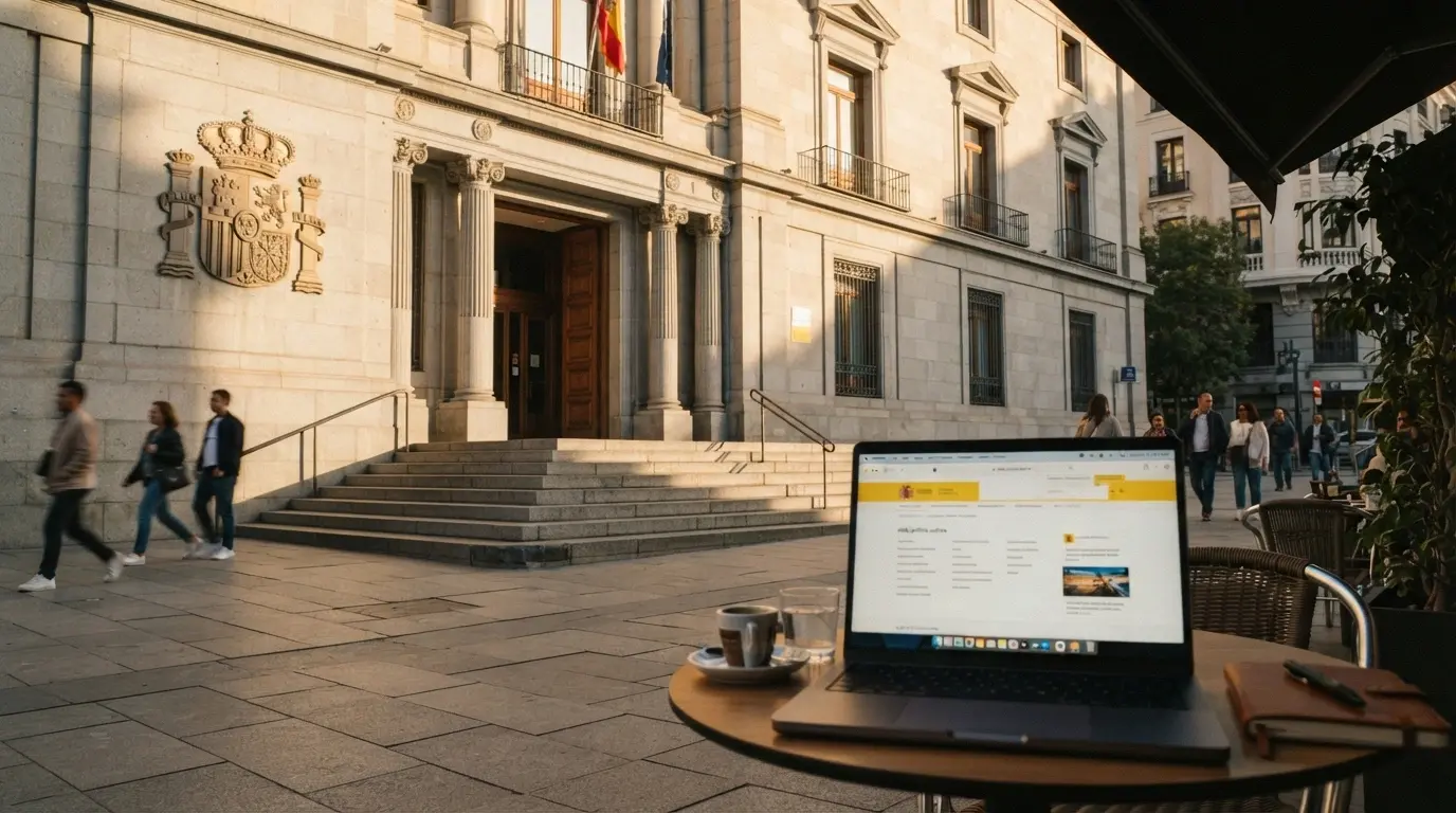 El edificio de la Dirección General de Ordenación del Juego con el sello oficial y una pantalla mostrando el dominio .es como distintivo de operador autorizado