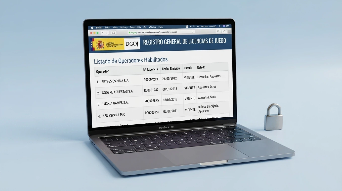 Pantalla del registro público de la DGOJ con el listado de operadores autorizados y el dominio .es visible en la barra del navegador