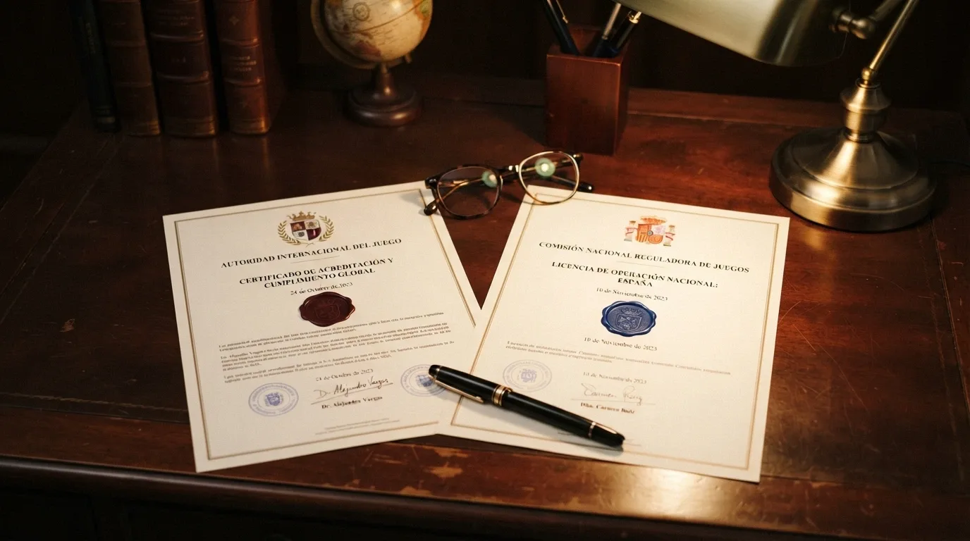Dos documentos oficiales enfrentados: un certificado del Gibraltar Gambling Commissioner y un título habilitante de la DGOJ