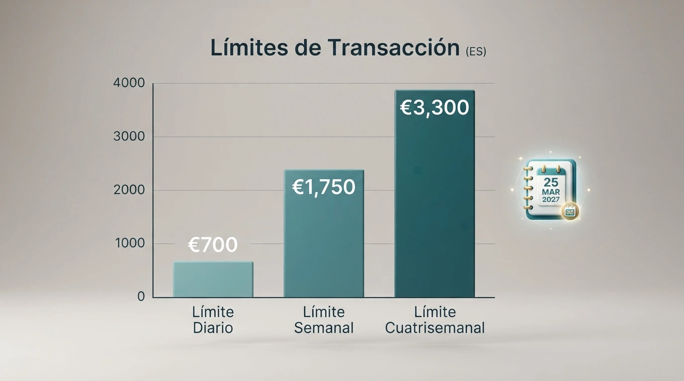 Gráfico de barras con tres columnas que muestran límites diario, semanal y mensual junto a un calendario que señala marzo de 2027