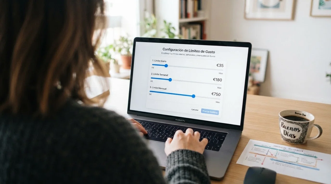 Interfaz de configuración de límites de depósito en un casino online español, con cantidades en euros y un calendario visible