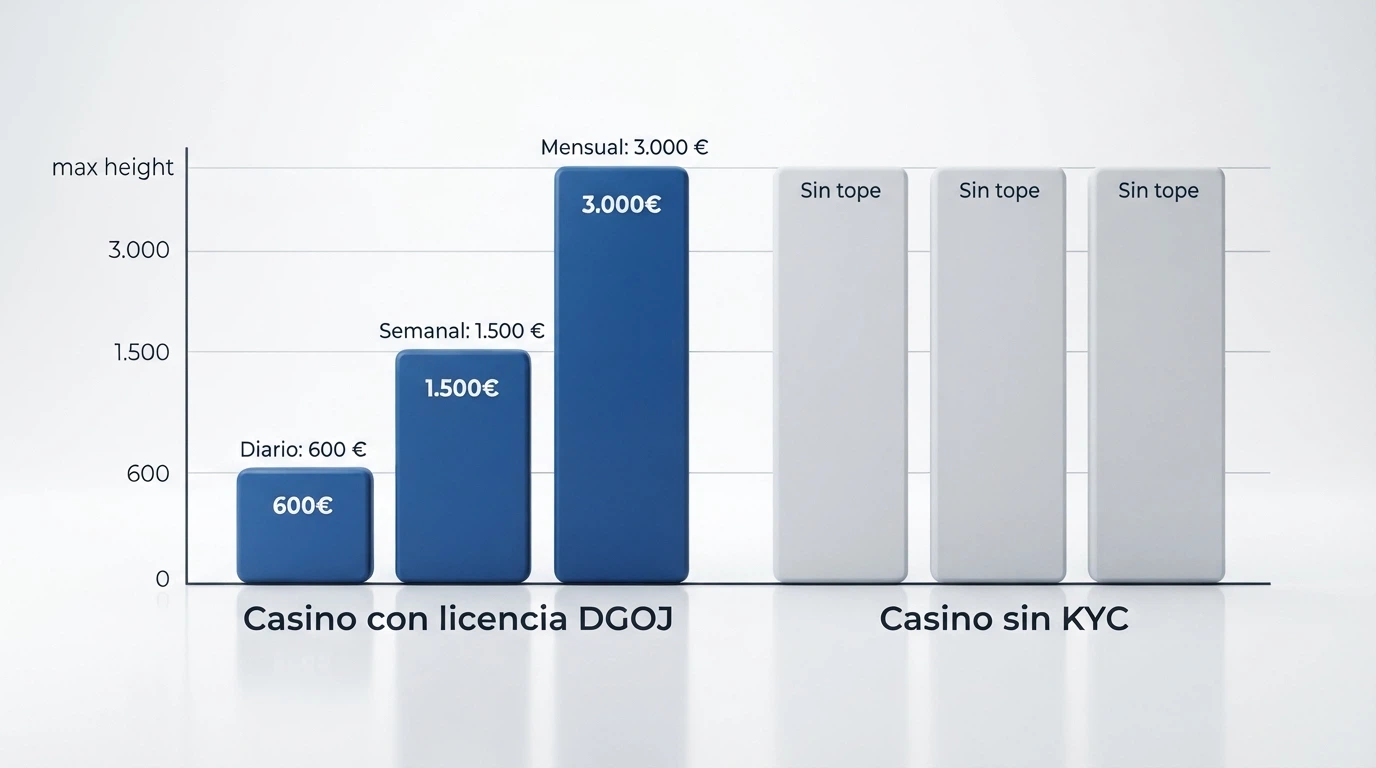 Gráfico de barras comparando los límites diarios, semanales y mensuales DGOJ frente a la barra «sin límite» del offshore