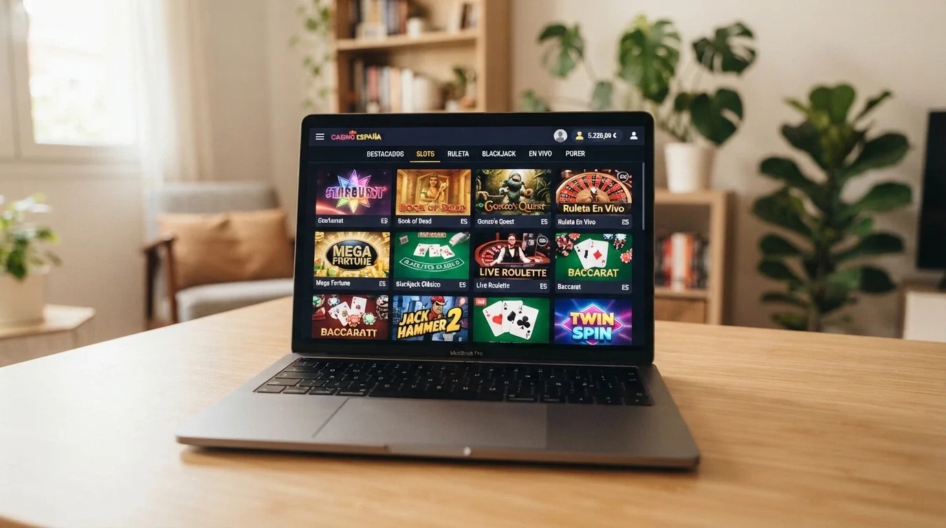 Pantalla de lobby de casino online con miniaturas de tragaperras, mesas de ruleta en vivo y juegos de blackjack organizados por categorías