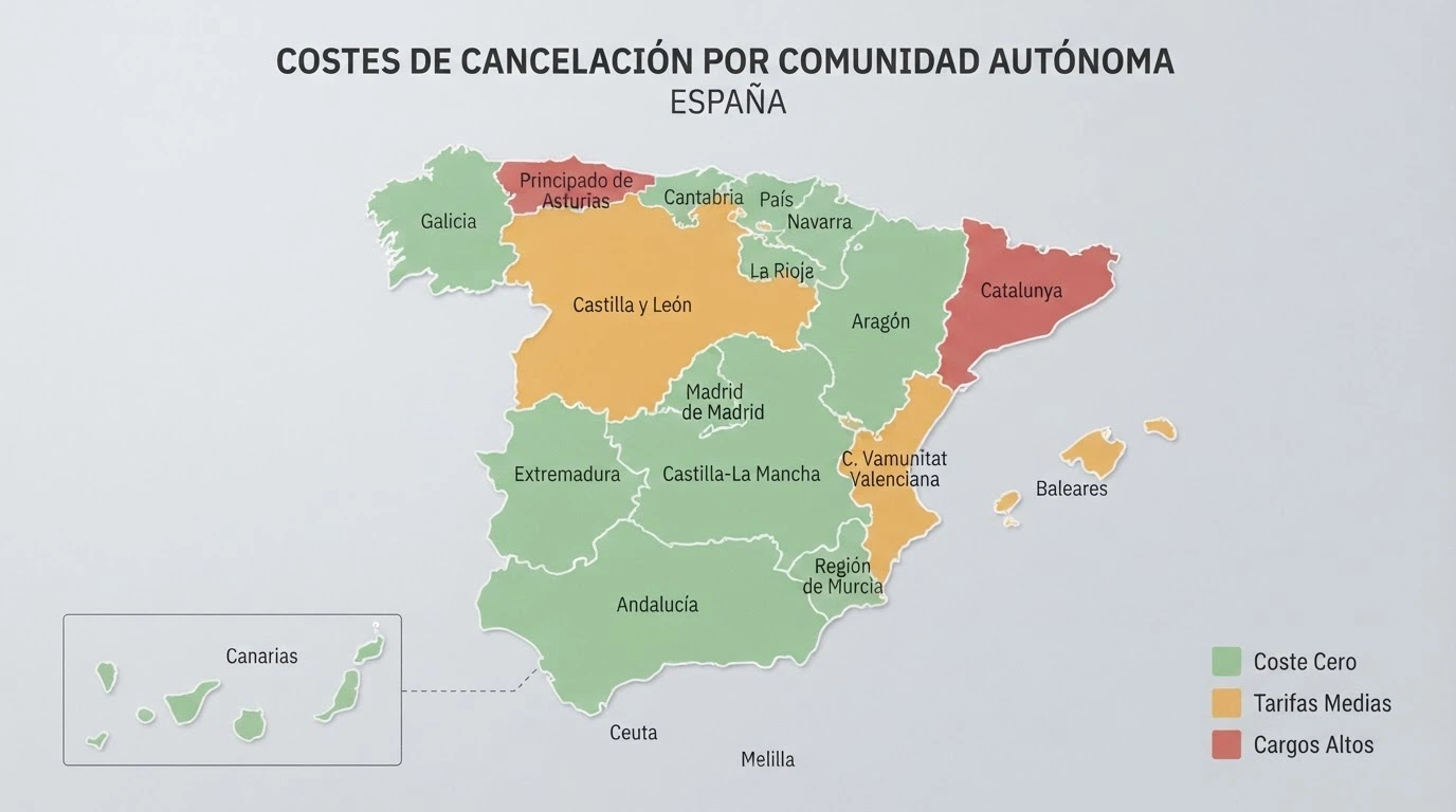 Mapa de España con las comunidades autónomas coloreadas en tres tonos según el coste de cancelación: verde para coste cero, naranja para coste medio y rojo para el coste más alto