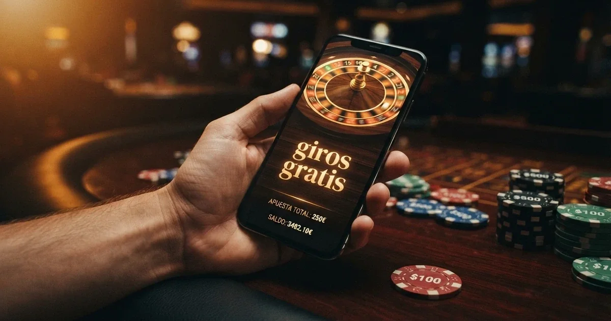 Mano sosteniendo un móvil con una ruleta de casino y el texto «giros gratis» en la pantalla, sobre un fondo oscuro con fichas de casino