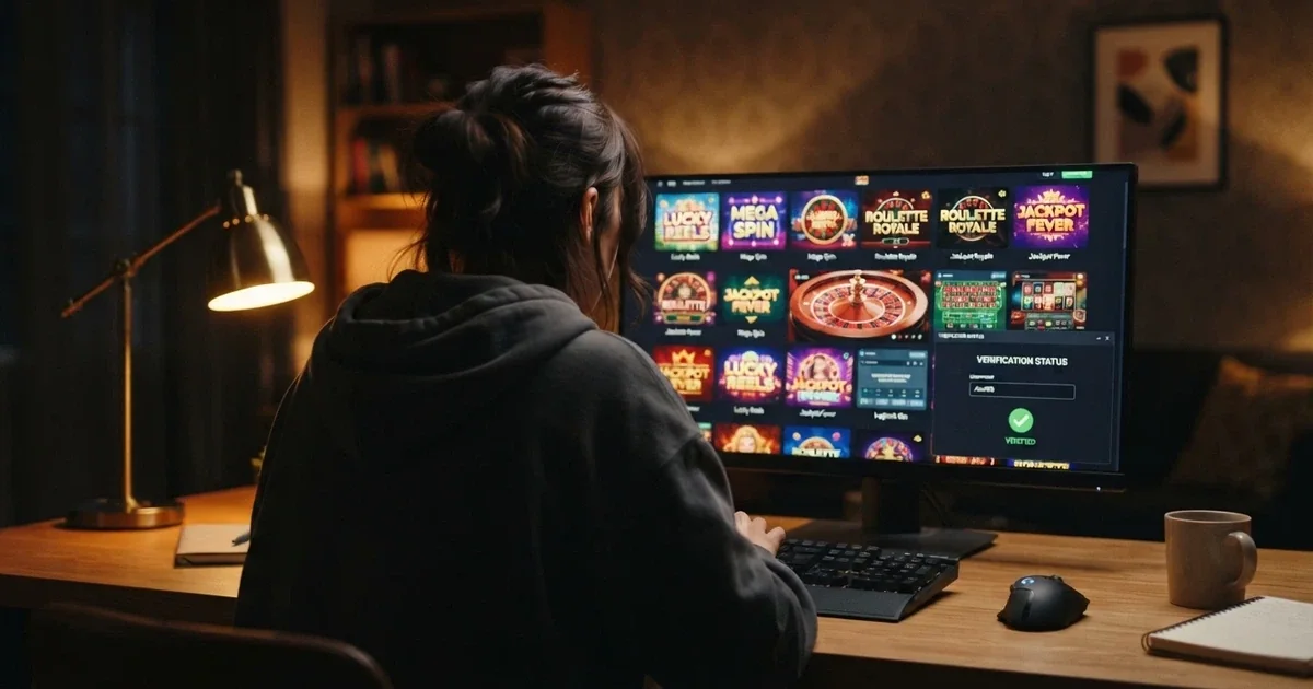 Un jugador consultando ofertas de casino online en la pantalla de un ordenador, con el registro de la DGOJ visible en otra ventana