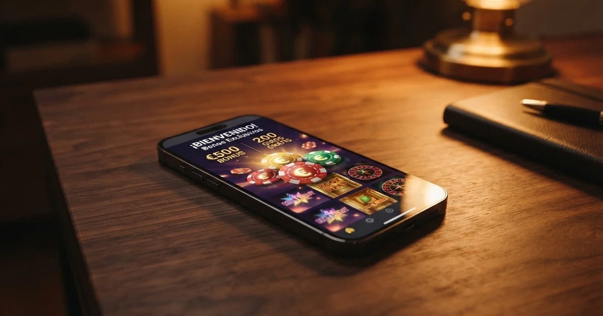 Interfaz de un casino online con fichas de promoción visibles en la pantalla de bienvenida
