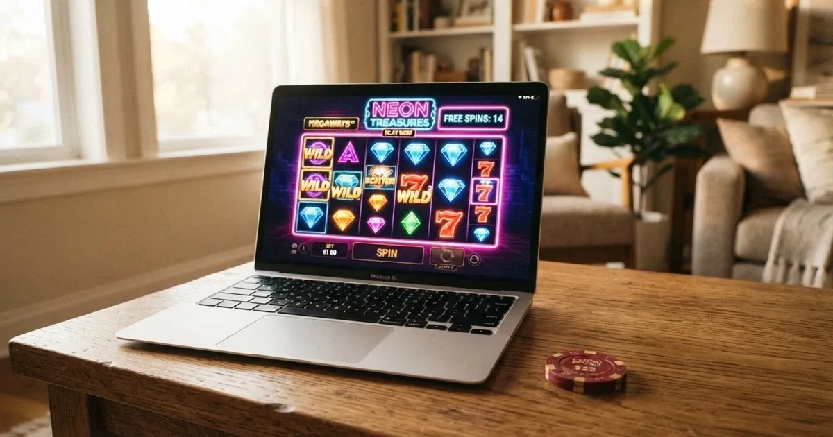Interfaz de casino online con el contador de tiradas gratis destacado en primer plano sobre la pantalla de un ordenador portátil