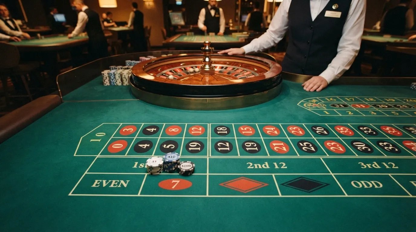 Mesa de ruleta en vivo con crupier real en un casino online, mostrando la interfaz de apuestas con saldo denominado en criptomonedas