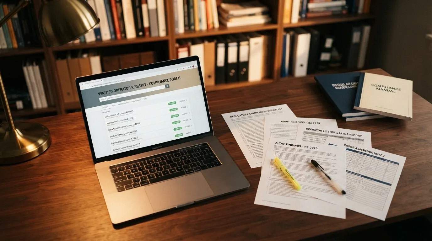 Escritorio con informes, una pantalla mostrando el registro de la DGOJ en ordenacionjuego.es y documentos del BOE