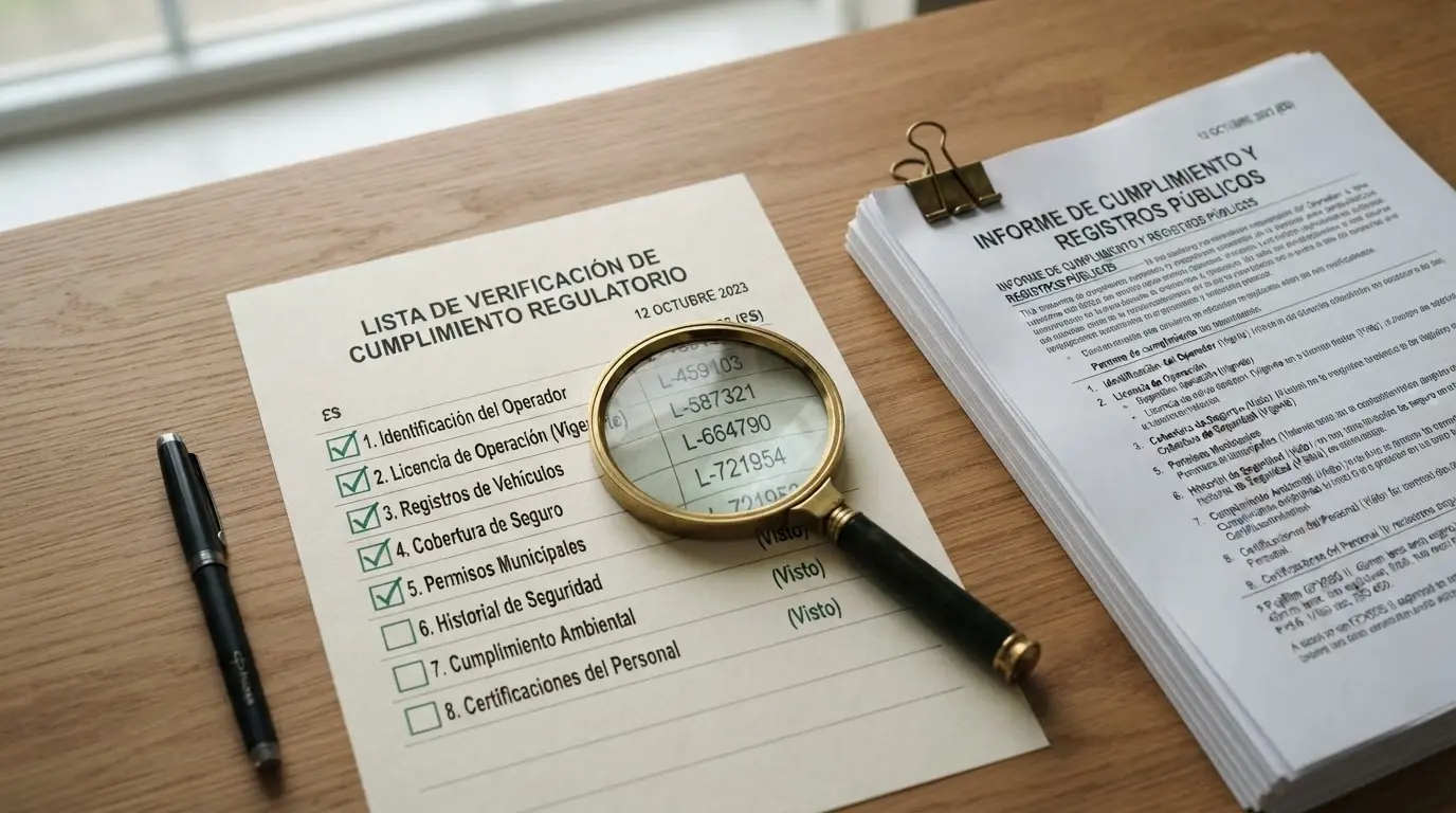 Un escritorio con documentos de verificación, una lupa sobre el registro público de Anjouan y una lista de comprobación