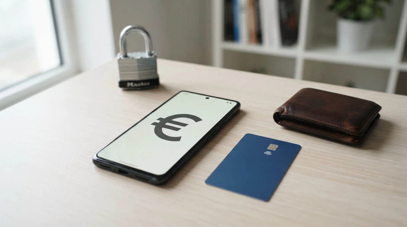 Cartera digital, tarjeta bancaria y móvil con la app de Bizum abierta, junto a un candado de seguridad