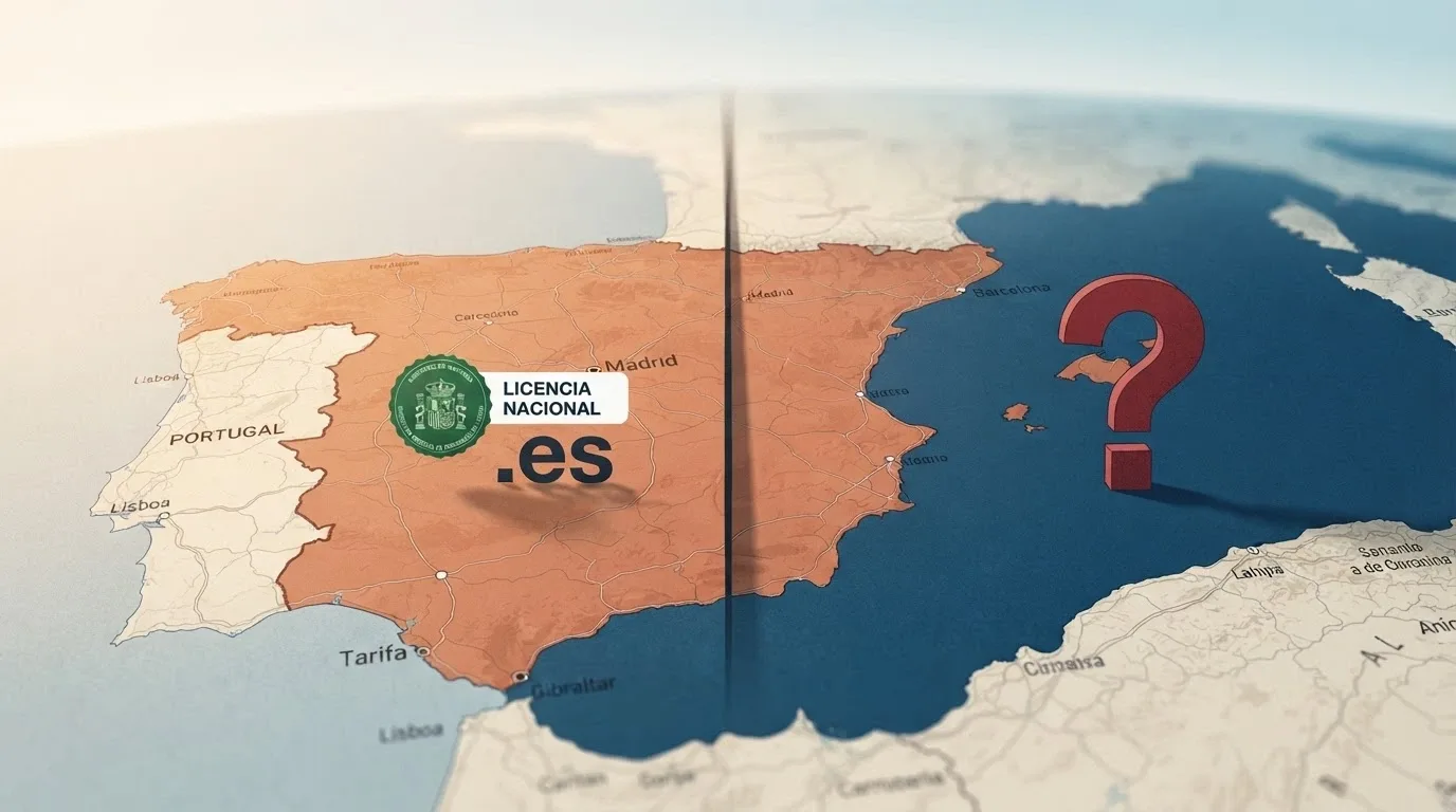 Un mapa de España con una línea divisoria: un lado con el sello DGOJ en verde, el otro con un signo de interrogación sobre el océano