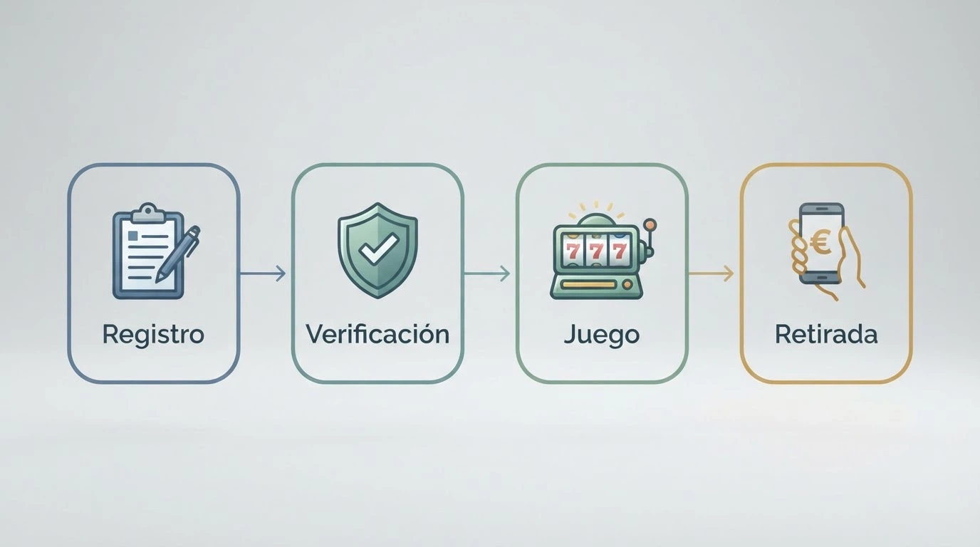 Cuatro iconos en secuencia: registro con formulario, verificación con DNI, giro de tragaperras y retirada con el símbolo del euro