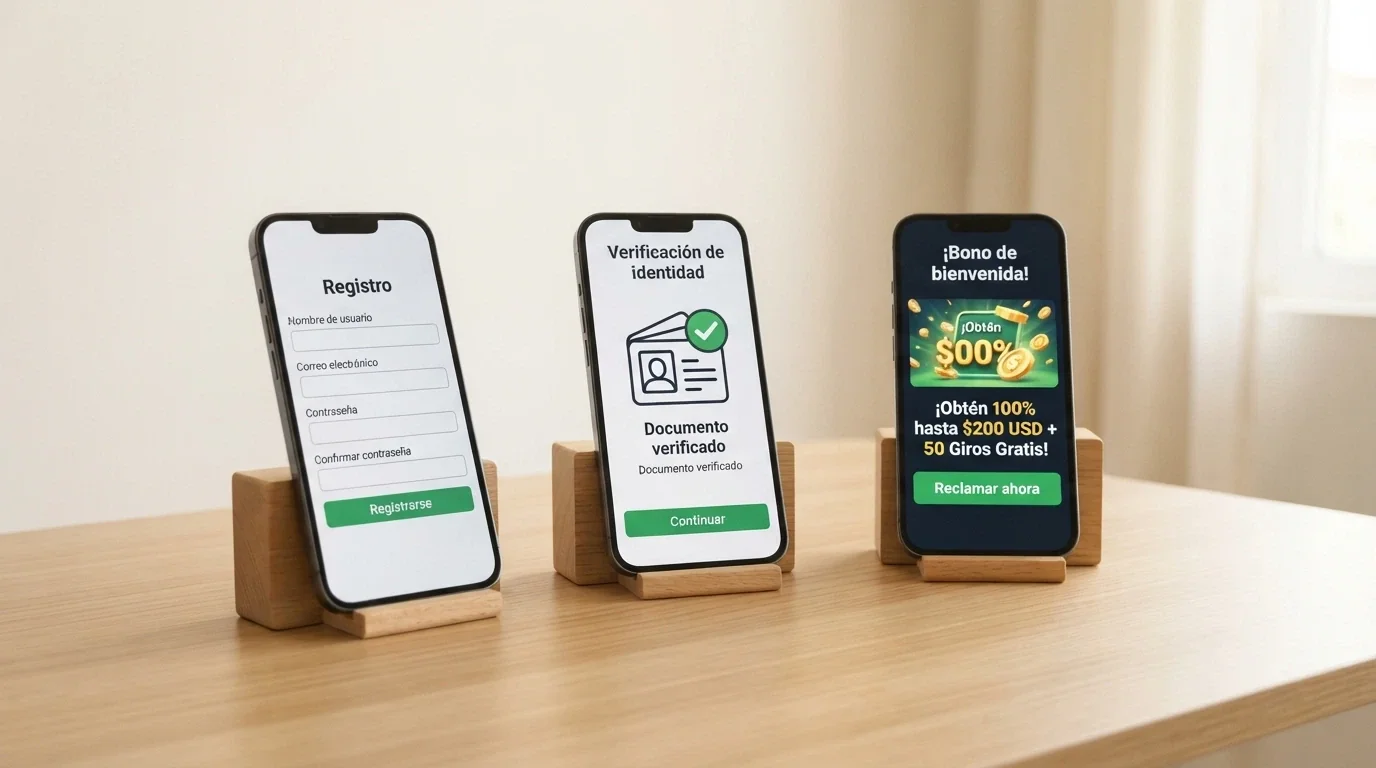 Secuencia visual de tres pantallas: registro, verificación y activación del bono en el área de promociones de un casino