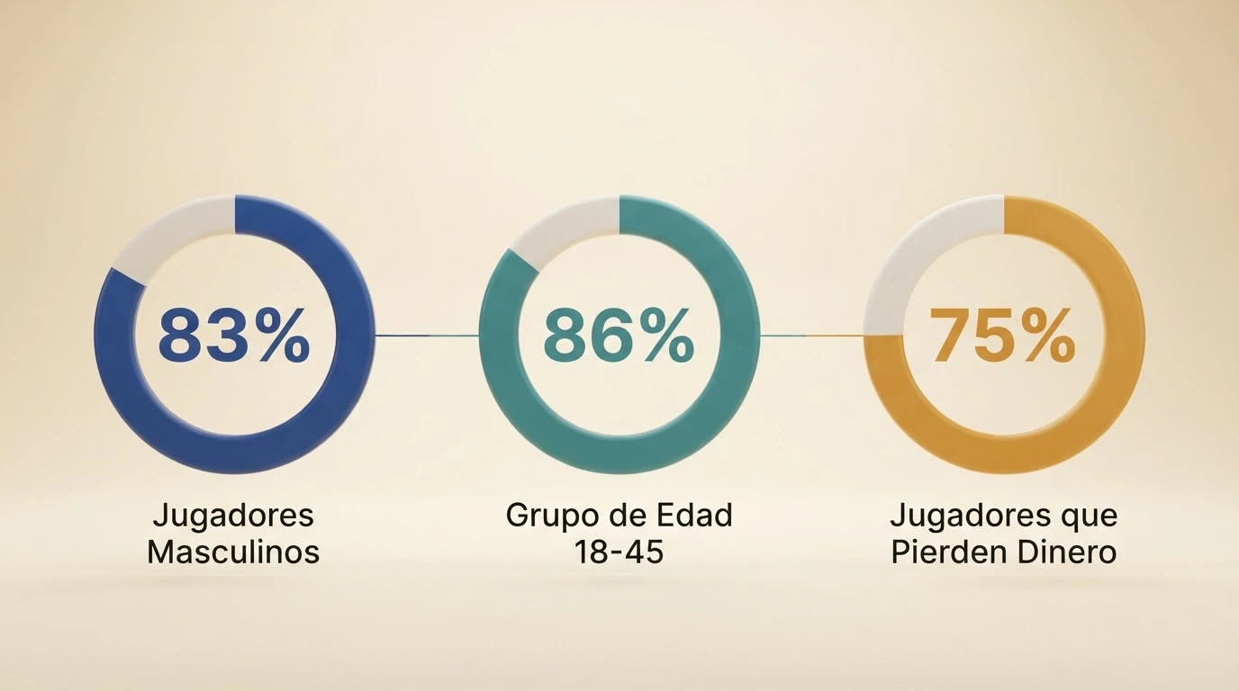 Infografía con los datos demográficos del jugador online en España: franjas de edad, distribución por género y probabilidad de pérdida