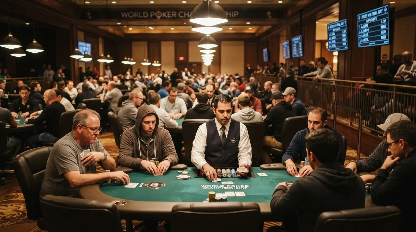 Vista de la Poker Room del Casino de Barcelona durante un torneo en vivo, con jugadores en las mesas y pantallas de información