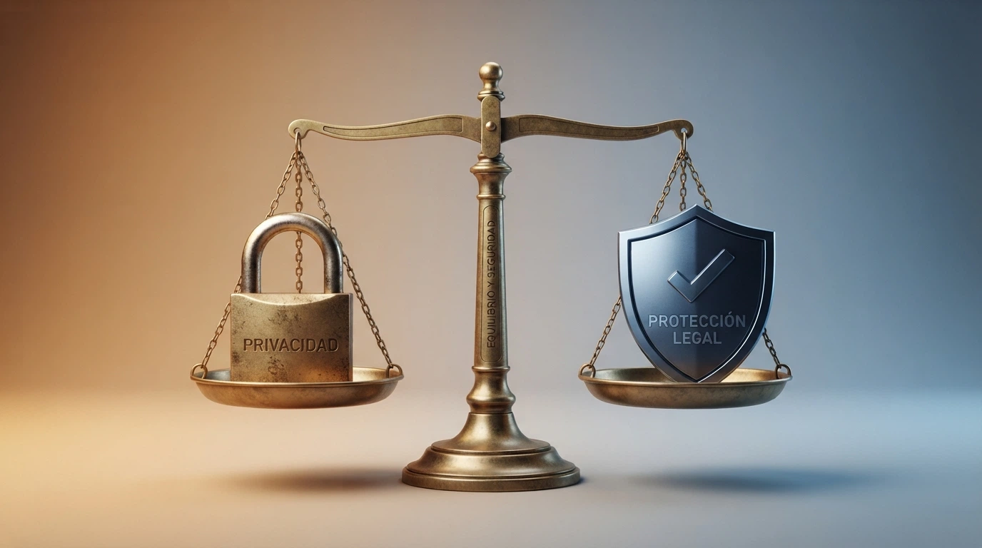 Balanza conceptual con un candado (privacidad) en un platillo y un escudo (protección DGOJ) en el otro