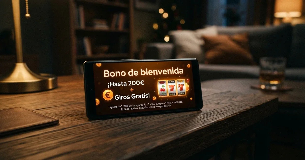 Pantalla de inicio de un casino online español mostrando una promoción de bienvenida con condiciones en letra pequeña
