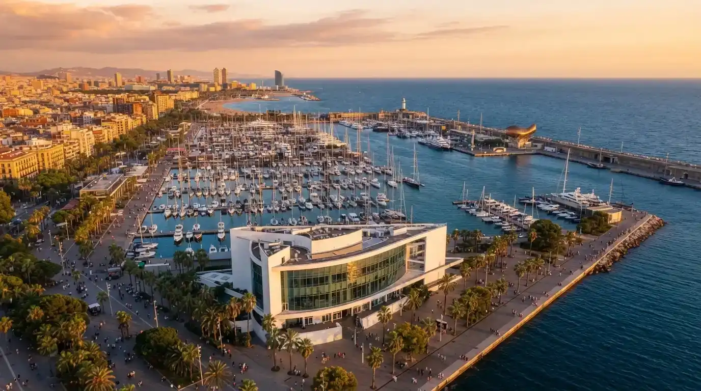 Vista aérea del Port Olímpic de Barcelona con el edificio del casino en primer término y el mar al fondo