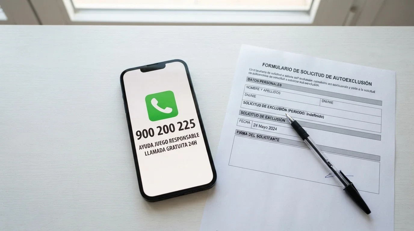 Un teléfono móvil mostrando el número 900 200 225 junto al logotipo de FEJAR y un formulario de autoexclusión