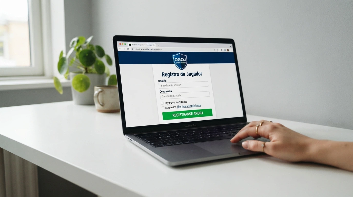 Interfaz de registro de un casino online nuevo con el sello de la DGOJ y el dominio .es visible en la barra de navegación