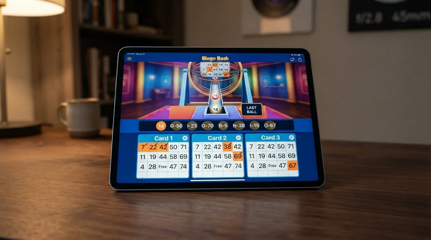 Secuencia visual de una partida de bingo online: selección de cartones, extracción de bolas en el bombo y pantalla de premio con los números cantados