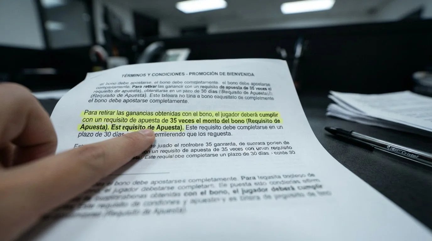 Primer plano de un documento de términos y condiciones de casino con el apartado de requisitos de apuesta subrayado en amarillo
