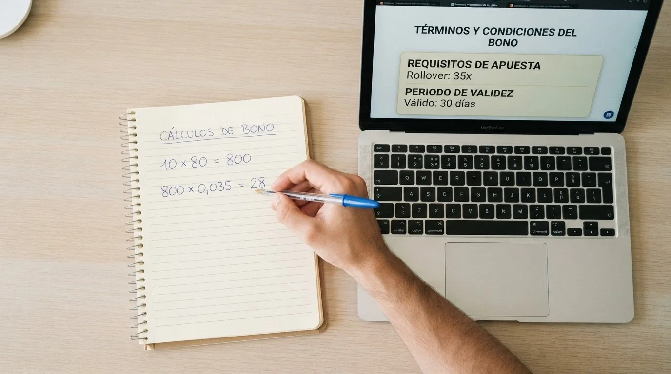 Pantalla dividida: a la izquierda, los términos del bono con el rollover y la validez resaltados; a la derecha, una calculadora mostrando el coste real de liberar la ganancia