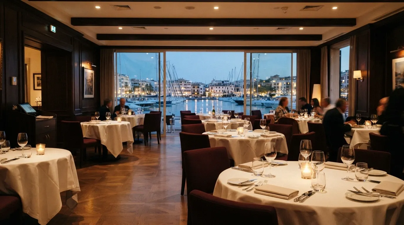 Interior del restaurante del Casino de Barcelona con mesas preparadas y vista al Port Olímpic a través de los ventanales