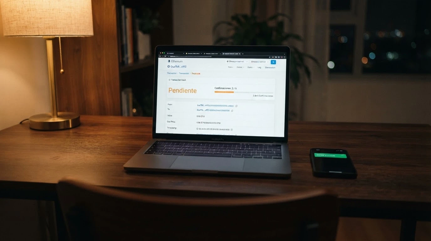 Pantalla de un explorador de blockchain mostrando una transacción de Bitcoin con estado «pendiente» y un contador de confirmaciones (2/6), junto a una notificación del casino que dice «retirada procesada»