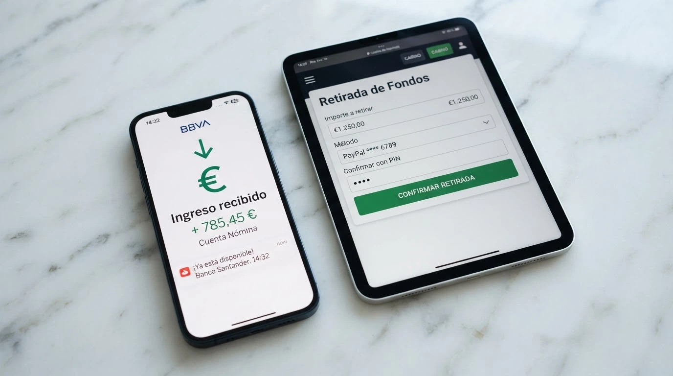 Un teléfono mostrando una notificación de ingreso bancario de CaixaBank junto al panel de retirada de un casino online con el importe solicitado