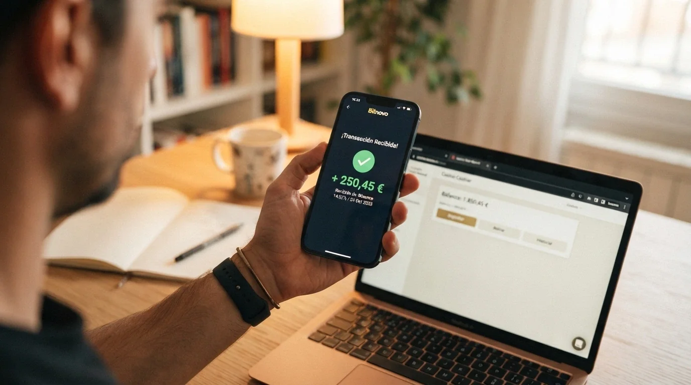 Un monedero cripto recibiendo una transacción entrante de BCH junto a una pantalla con el saldo actualizado